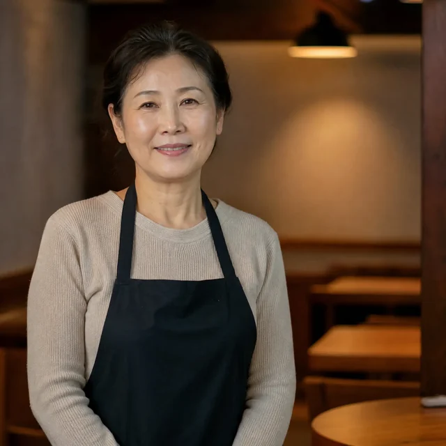 식당 홀에 서 있는 50대 여성 사장님