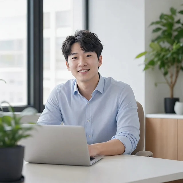 사무실에서 노트북 앞에 앉은 20대 남성 대표