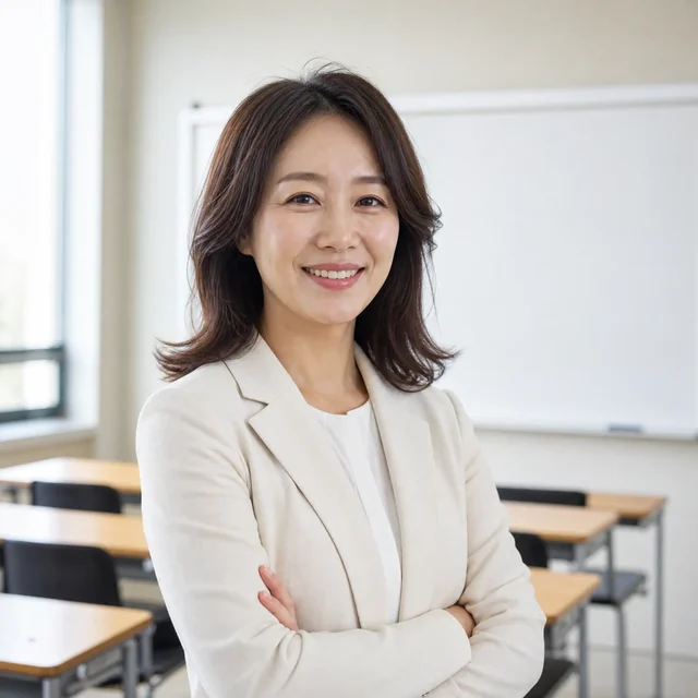 교실에 서 있는 40대 여성 원장님